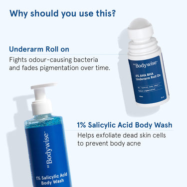 Be Bodywise 1% Salicylic Acid Body Wash (250ml) & Underarm Roll on (50ml) | 2% Lactic Acid, 1% Mandelic Acid | Prevents Body Acne, Odour & Pigmentation | Suitable for Sensitive Skin